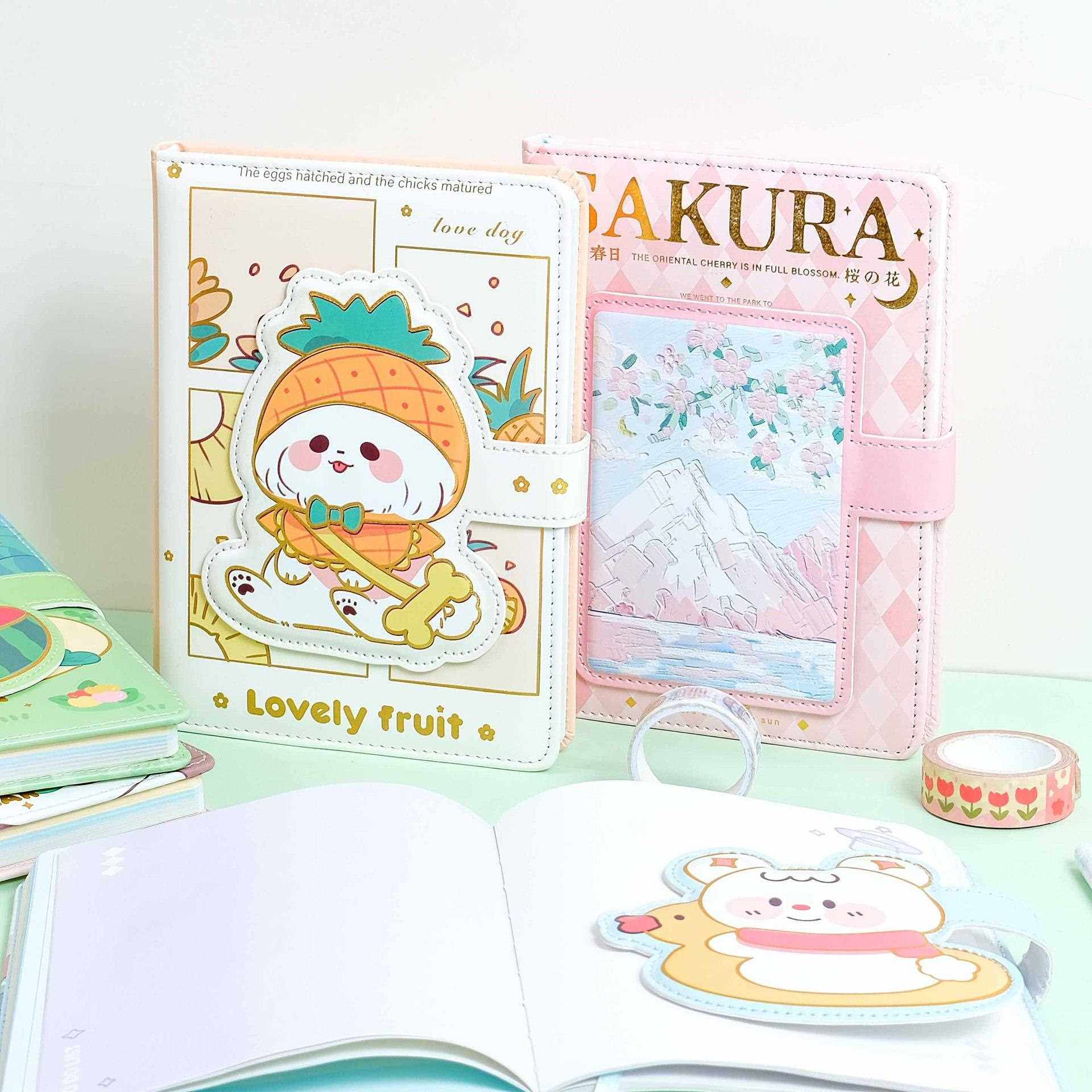 新款直销32k皮面创意大磁扣笔记本可爱本子学生手帐本卡通彩页手