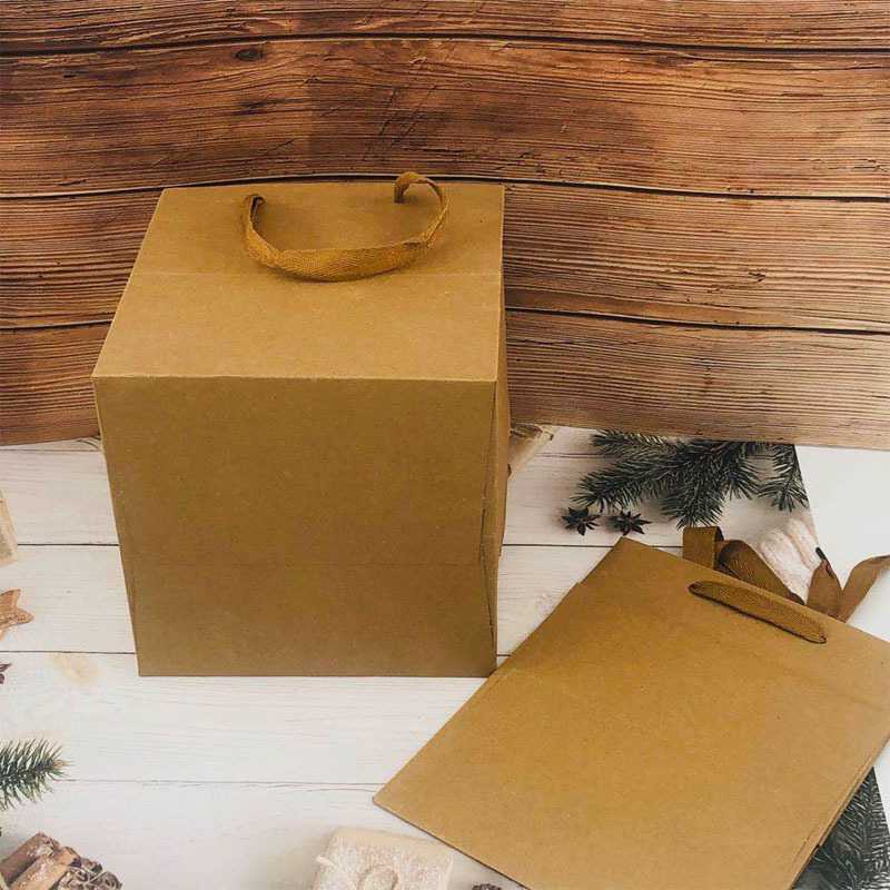 新款直销方体袋牛皮色现货高档加厚 礼品袋蛋糕盒正方形宽底纸袋