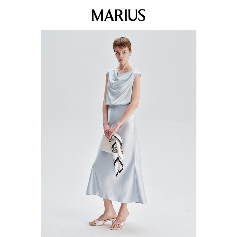 MARIUS"Offduty休闲系列"月下白茶三醋酸混纺设计感背心上衣/半裙
