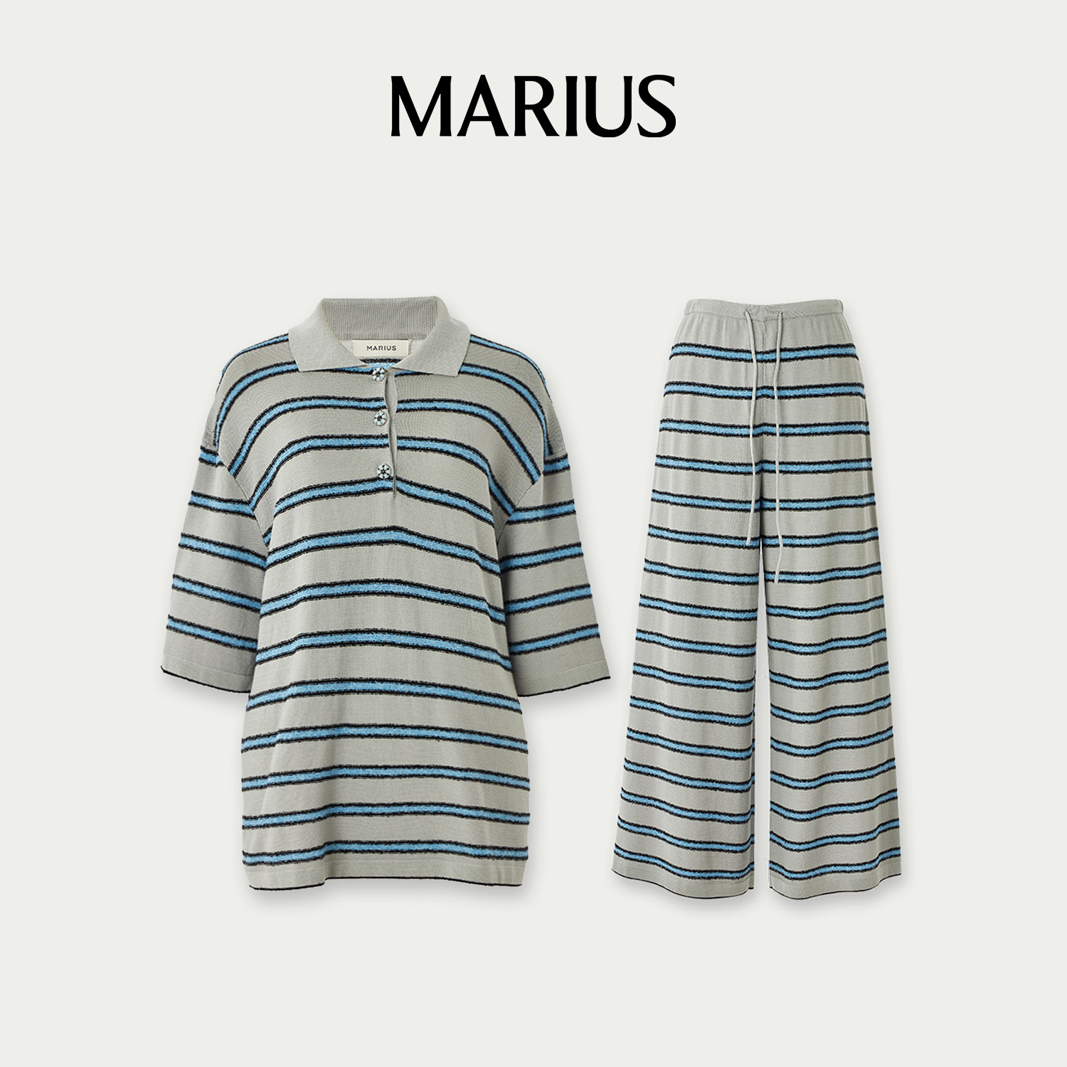 MARIUS条纹针织polo衫/条纹针织八分裤