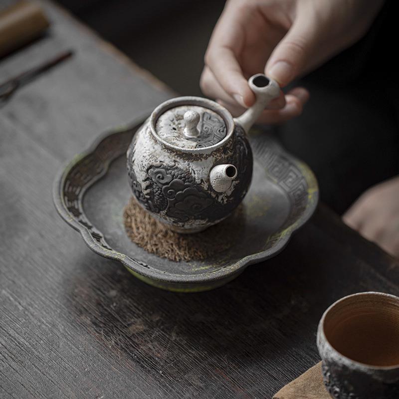 复古老岩泥壶承干泡盘功夫茶具中式花瓣果盘蓄水茶盘配件