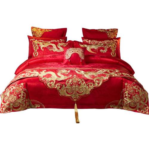 高端轻奢140支长绒棉龙凤刺绣婚庆四件套大红结婚陪嫁全棉八件套1