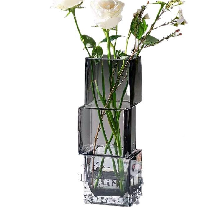 高感i错位方缸n错s风艺术瓶花瓶摆件轻奢几何位玻璃透级明花插花