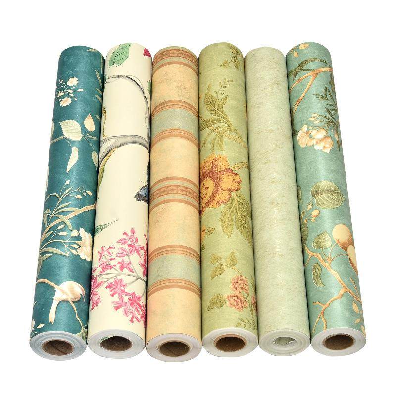 自粘墙纸10米美式复古花鸟无纺布自带胶壁纸卧室客厅翻新墙贴纸