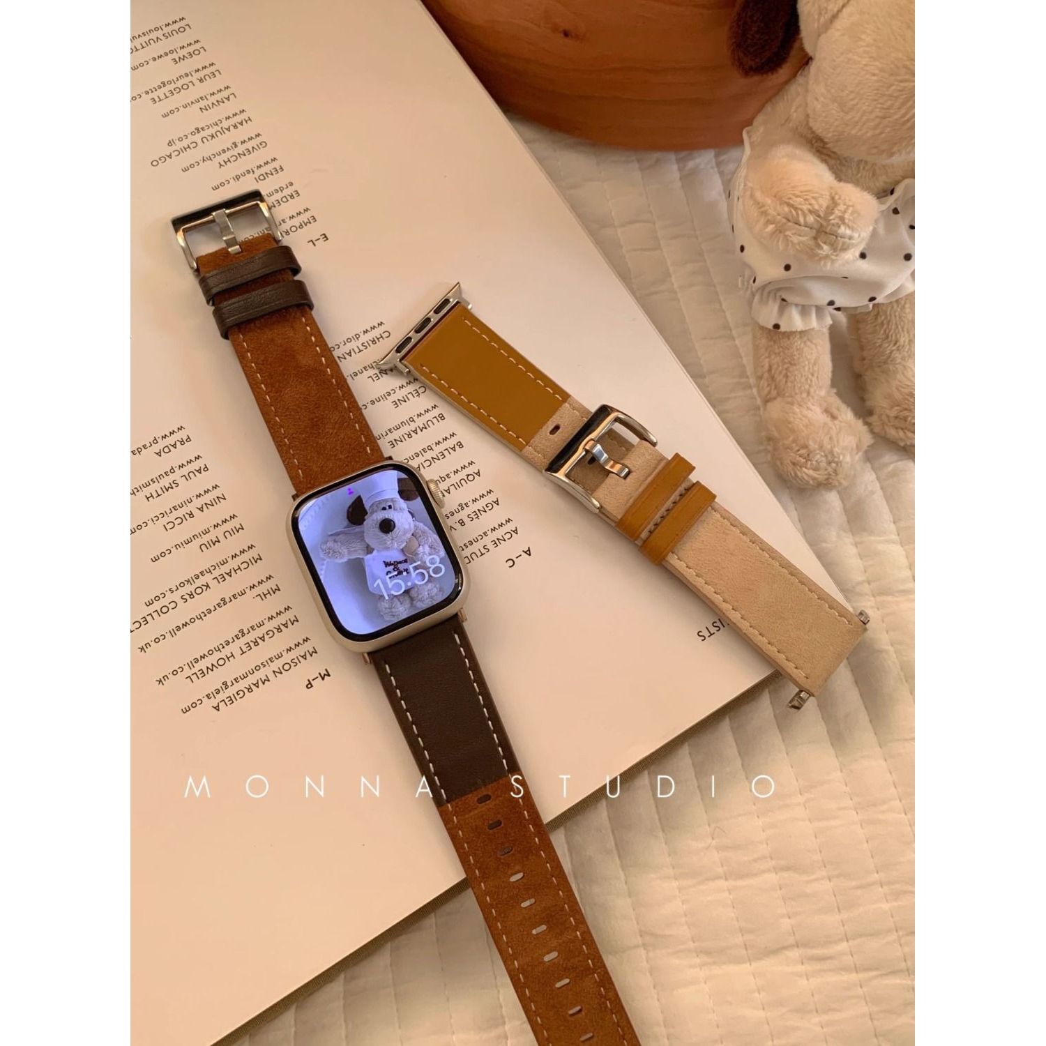 韩系小众秋冬撞色拼色翻毛皮拼接皮质苹果iwatch987645se表带高级