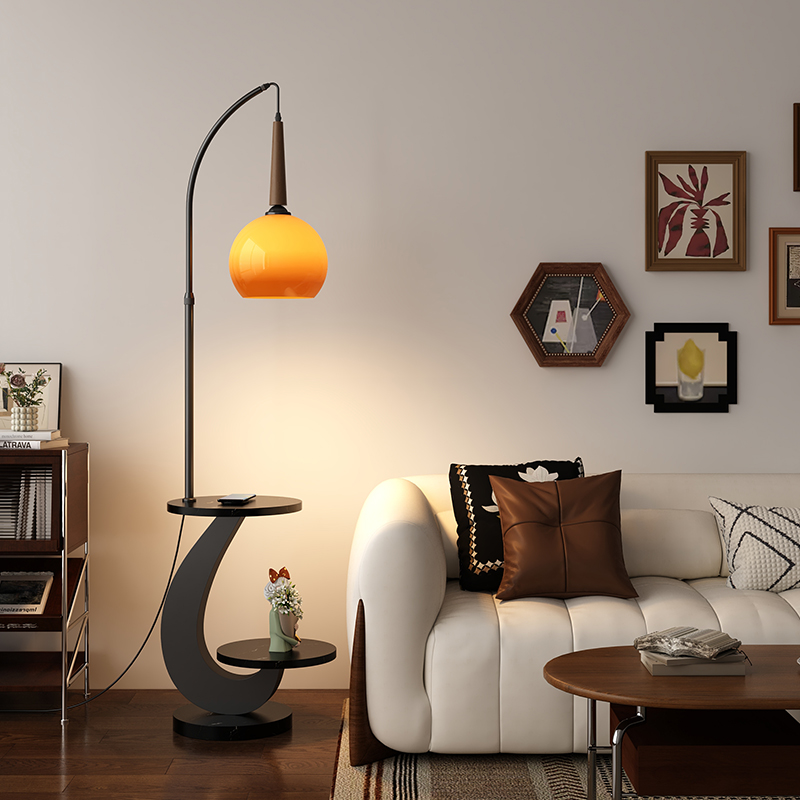 2024新款中古落地灯p客厅沙发旁边几钓鱼灯卧室床头置物复古台灯