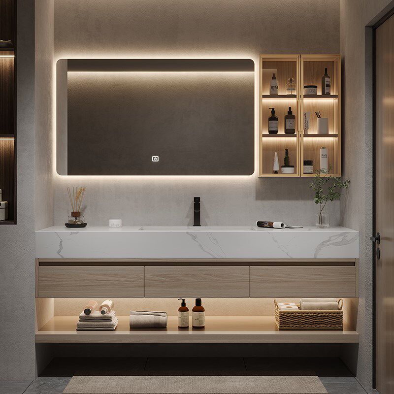 设计师定制岩板陶瓷一体盆浴室柜组合现代简约原木色洗脸洗手盆柜