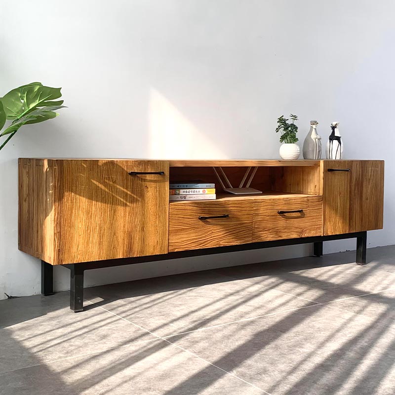 老榆木电视柜简约收纳柜现代中式铁E艺柜脚客厅卧室实木地柜可定
