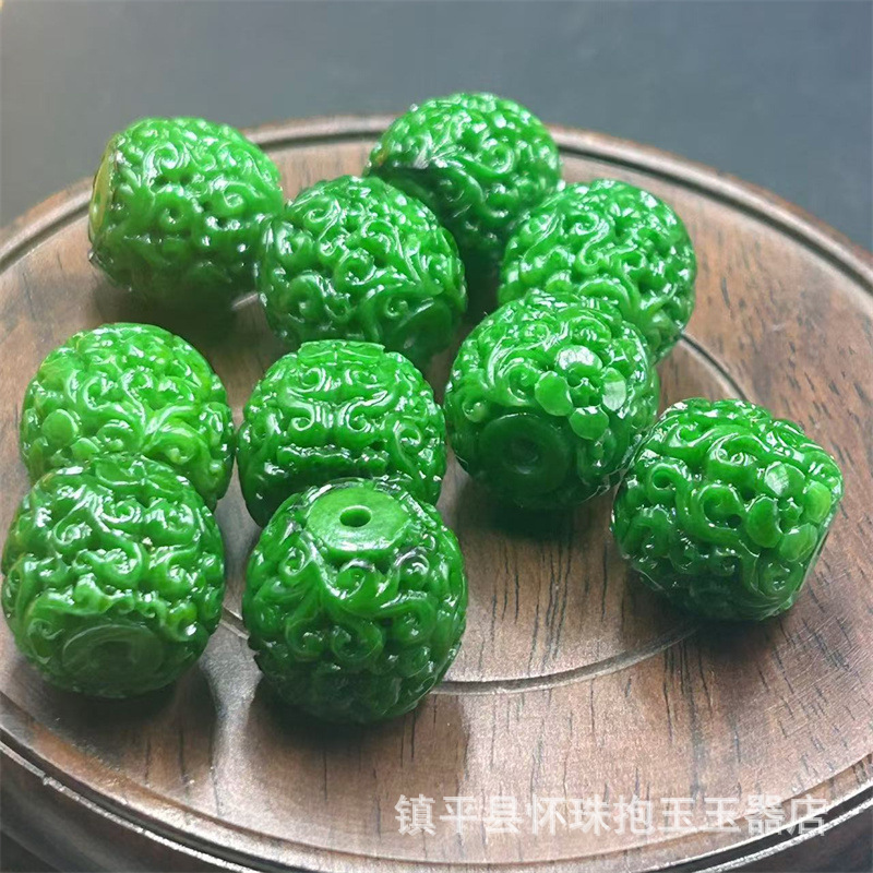 帝王绿干青铁龙生路路通 雕花大算珠 如意仿干青diy配饰配件散珠