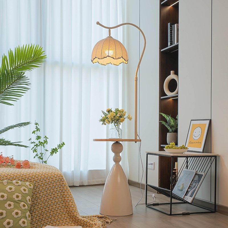 奶油风置物架一体落地灯客厅沙发旁边几摆件氛围灯卧室床头柜台灯