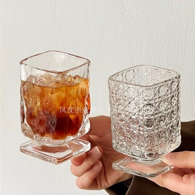 中古小众矮脚杯创意方形玻璃杯水杯咖啡杯微醺酒杯果汁杯鸡尾酒杯