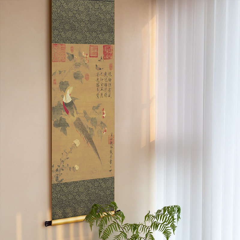 中式餐厅玄关复古卷轴挂画赵佶芙蓉锦鸡图国画竖版客厅书房装饰画,家居饰品,现代装饰画,淘宝优惠券,粉丝福利购,淘宝优惠卷