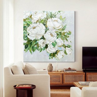 白山茶花正方形玄关肌理挂画现代简约客厅餐厅装饰画绿植手绘油画