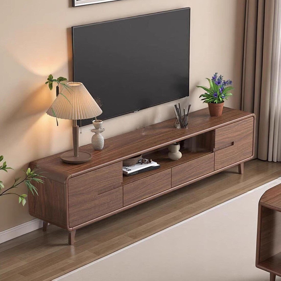 客厅实木框电视机柜简约现代家用新中式小户型胡桃木色茶几组