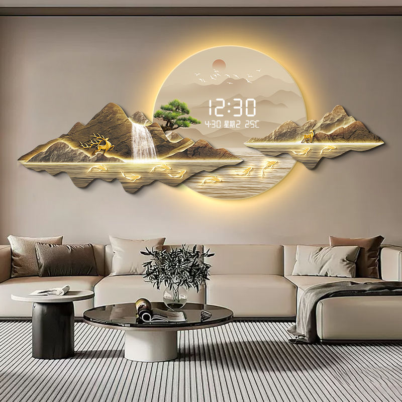 新中式挂钟客厅装饰画2025新款创意led灯时钟挂墙数显电子钟表画