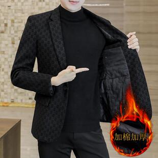 秋冬季小西装男士韩版修身印花单西男装休闲加棉加厚保暖西服外套