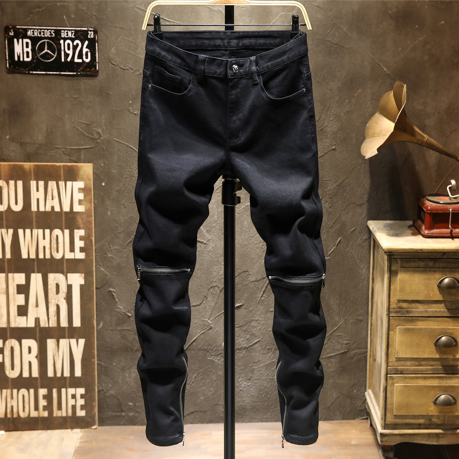 香港潮牌美式机车拉链牛仔裤男春夏款拼接黑色休闲修身小脚长裤子