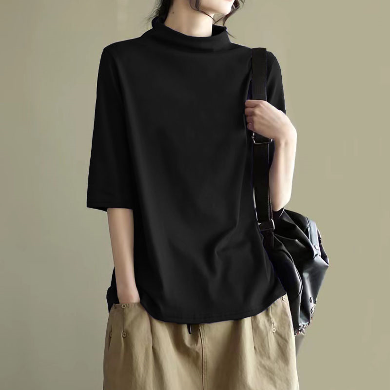 黑色半高领短袖t恤女2025夏季新款大码宽松简约纯色纯棉半袖上衣