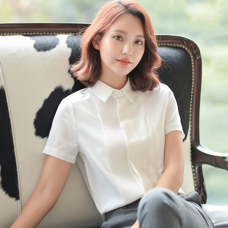 韩国雪纺衬衫女夏季薄款大码职业白色衬衣洋气polo领气质短袖上衣