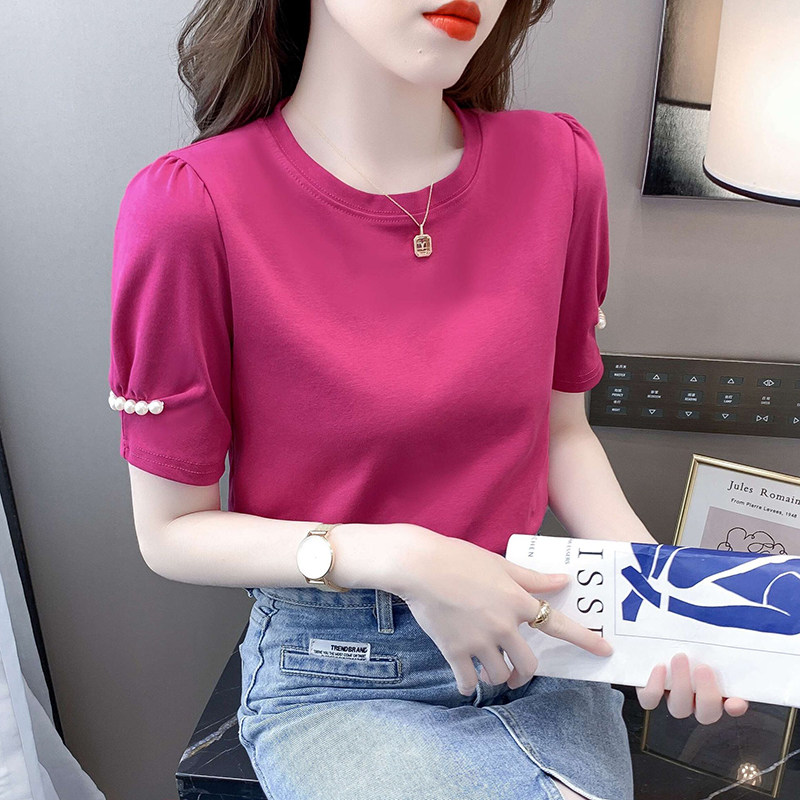 韩国短袖女2024年夏季漂亮钉珠泡泡袖t恤时尚洋气时髦玫红色上衣