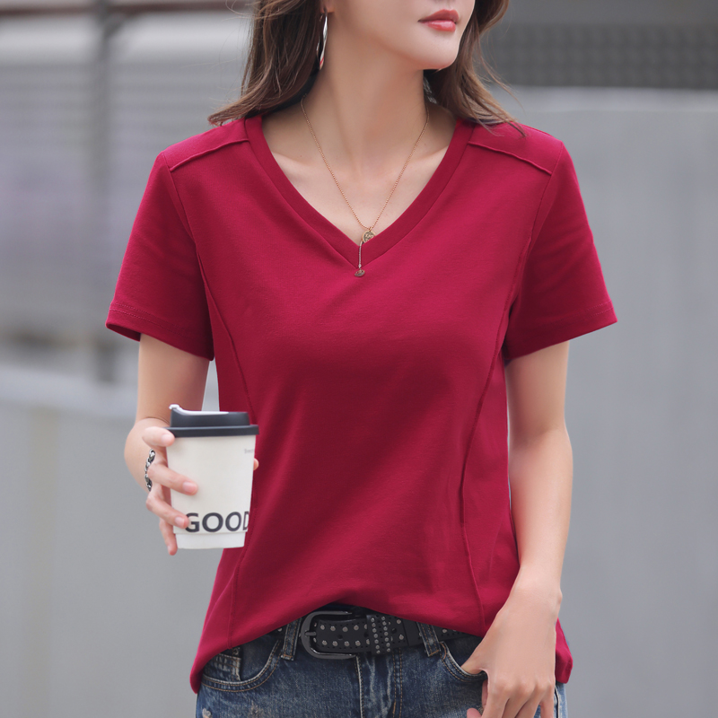 短袖t恤女白色V领2025新款宽松半袖鸡心领纯棉大码正肩半袖体恤