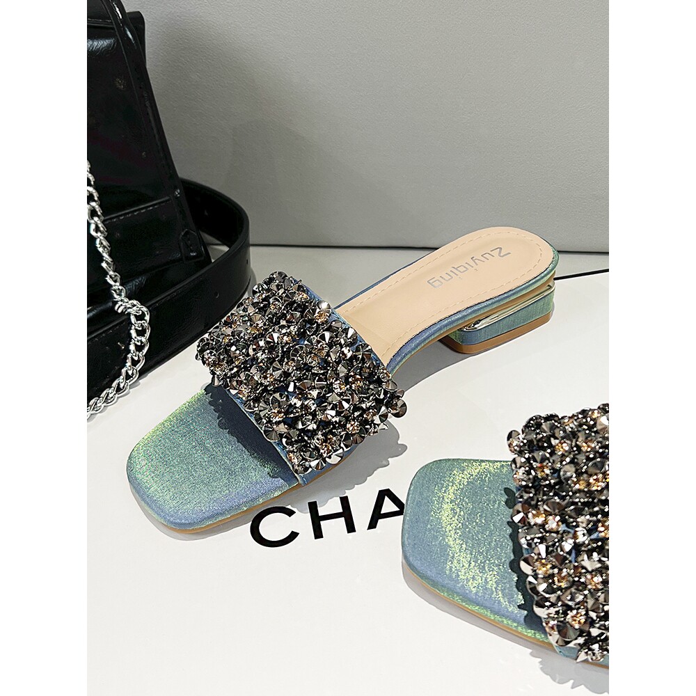 小丸子 低跟方头露趾拖鞋女2025夏季新款外穿时尚平底大码一字拖