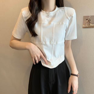 韩国小众鱼骨设计感甜酷白色短袖 上衣 t恤女夏季 外穿别致收腰小衫