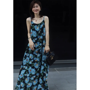 吊带连衣裙女 FAshi 2023新款 法式 海边度假长裙高级感蓝色印花无袖