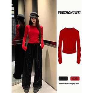 本命年过年新年战袍红色褶皱毛衣女秋冬季修身内搭针织打底衫上衣