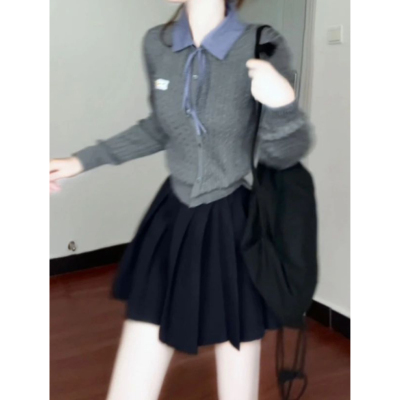 早秋韩系穿搭法式翻领学院风灰色毛衣开衫女修身短款针织开衫上衣