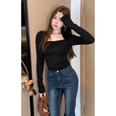 巨好看的黑色方领长袖T恤女2025早秋新款修身内搭单穿打底衫上衣
