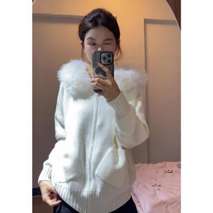 巨好看的白色拉链连帽大毛领毛衣开衫女慵懒风中长款针织外套上衣