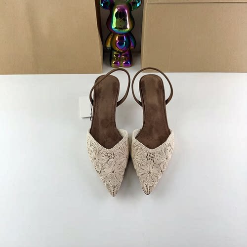 ZA西班牙夏季新品女鞋浅棕色刺绣编织中细高跟尖头露跟时装穆勒鞋