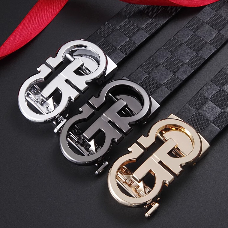 男士菲拉时尚自动扣头层纯牛皮格纹压花腰带休闲百搭送礼耐磨皮带