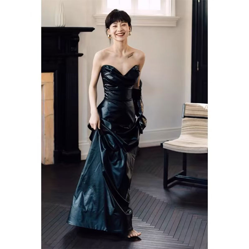 法式高级感晨袍新娘结婚敬酒服订婚晚礼服高端轻奢抹胸黑色连衣裙