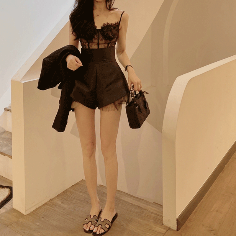 高腰蓬蓬裤子蕾丝腰封吊