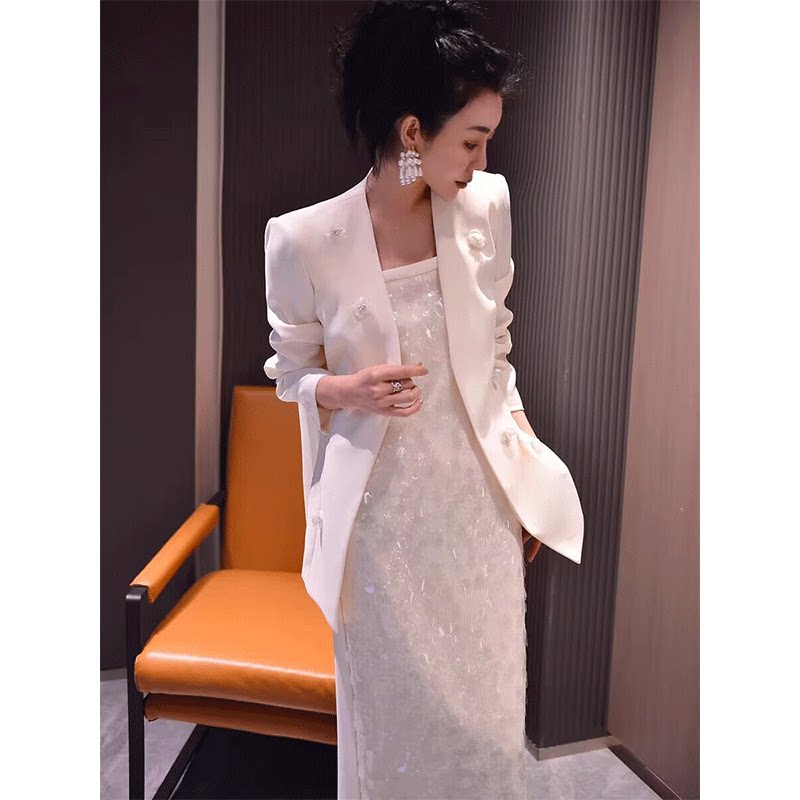 2025春季装名媛时尚订花西装重工亮片吊带长裙两件套仙套装