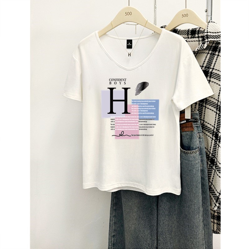 纯棉短袖T恤女夏季新款时尚洋气减龄显瘦打底衫宽松V领正肩上衣