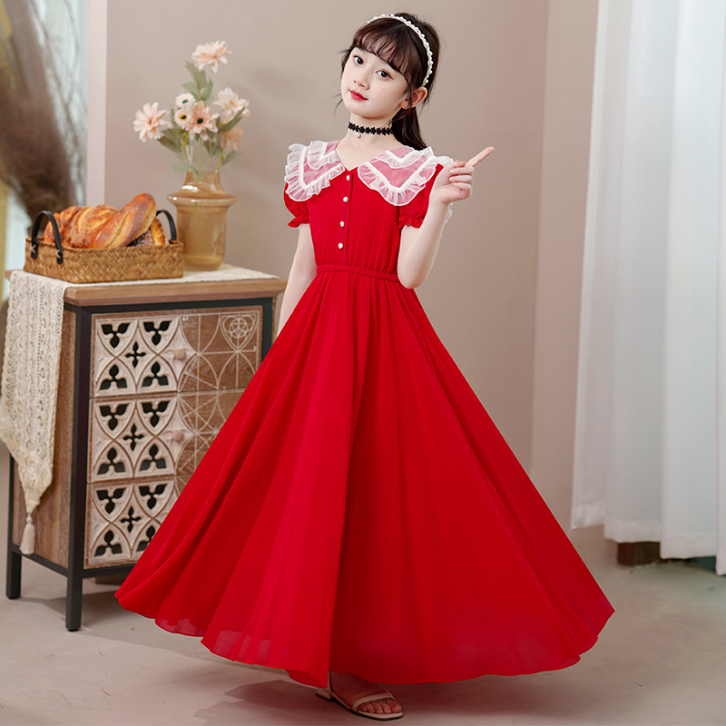 中大童新款花边蕾丝娃娃领童装连衣裙儿童纯色公主裙女童裙子