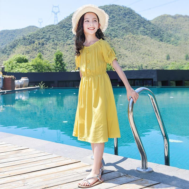 女童韩版连衣裙夏季中大童新款纯色休闲童装小女孩洋气公主裙
