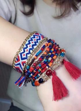 波西米亚民族风串珠多层彩色手链情侣男女潮流欧美风复古首饰新款