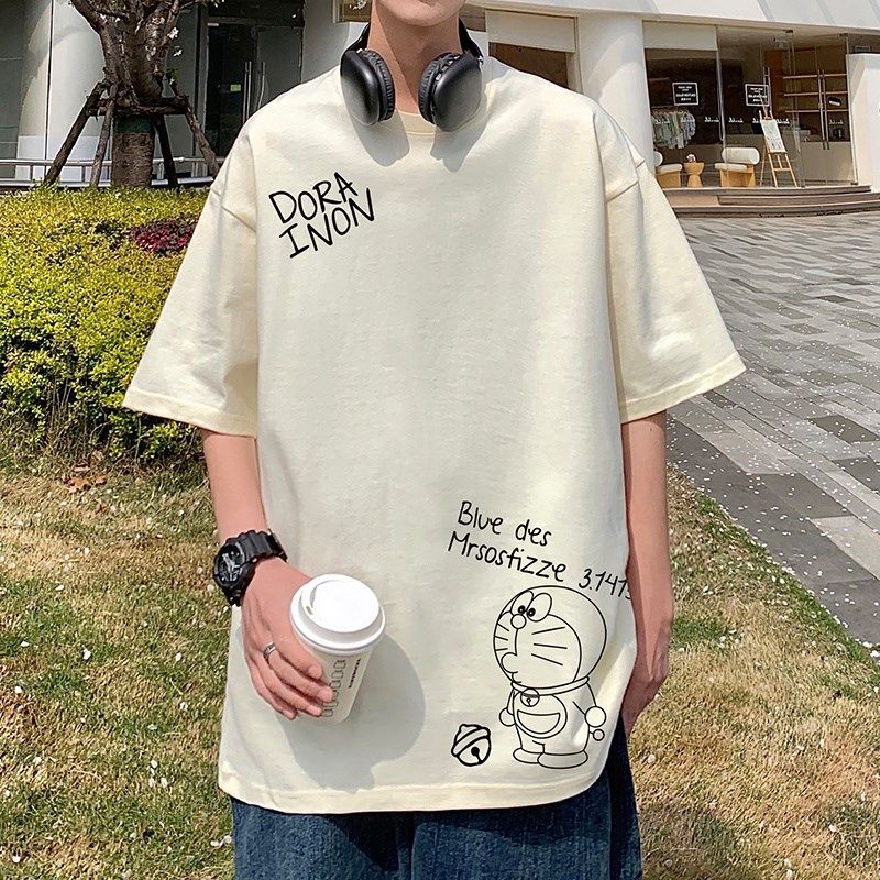 多啦A梦宽松纯棉短袖t恤男夏季潮牌2024新款半袖港风复古体恤衣服
