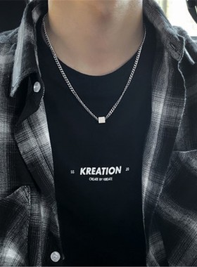 项链男生潮流嘻哈锁骨链个性百搭几何方块吊坠小众设计感项链男款