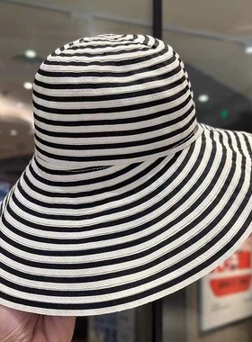 女新款长防晒帽子时尚盆帽大头围太阳帽日系可折叠夏季条纹渔夫帽