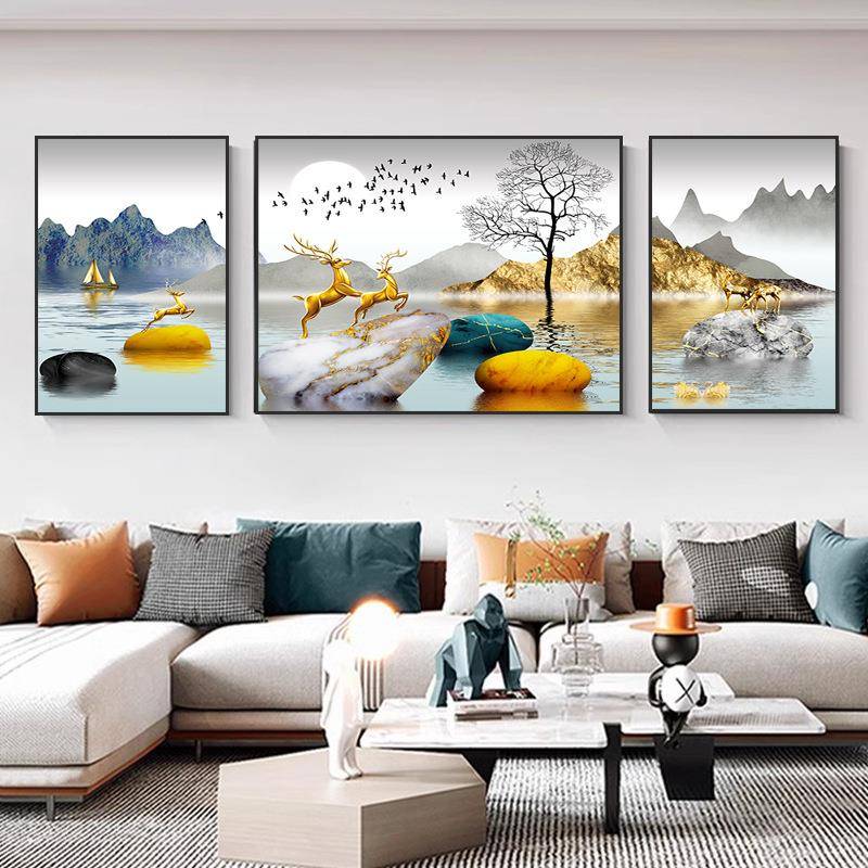 现代客厅装饰画沙发背景墙面挂画高档大气壁画晶瓷镶钻立体三联画图片