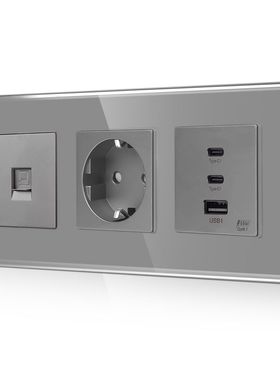 灰色德插65W超级快充带CAT6功能插口欧式插座德式插座带接地