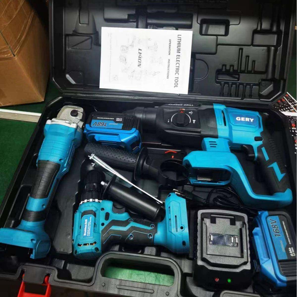 跨境电商电锤角磨机手电钻多用途充电式锂电3件套