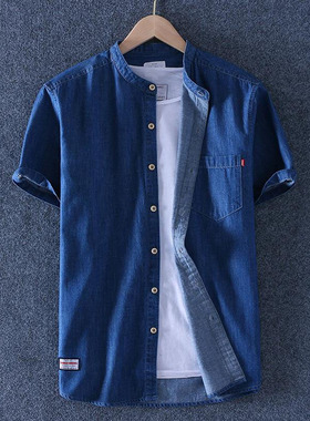 Blue Fashion Men Solid Short Sleeve Linen Shirts Men Shirt S