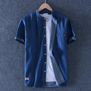 Solid Short Shirt Fashion Shirts Men Linen Blue Sleeve