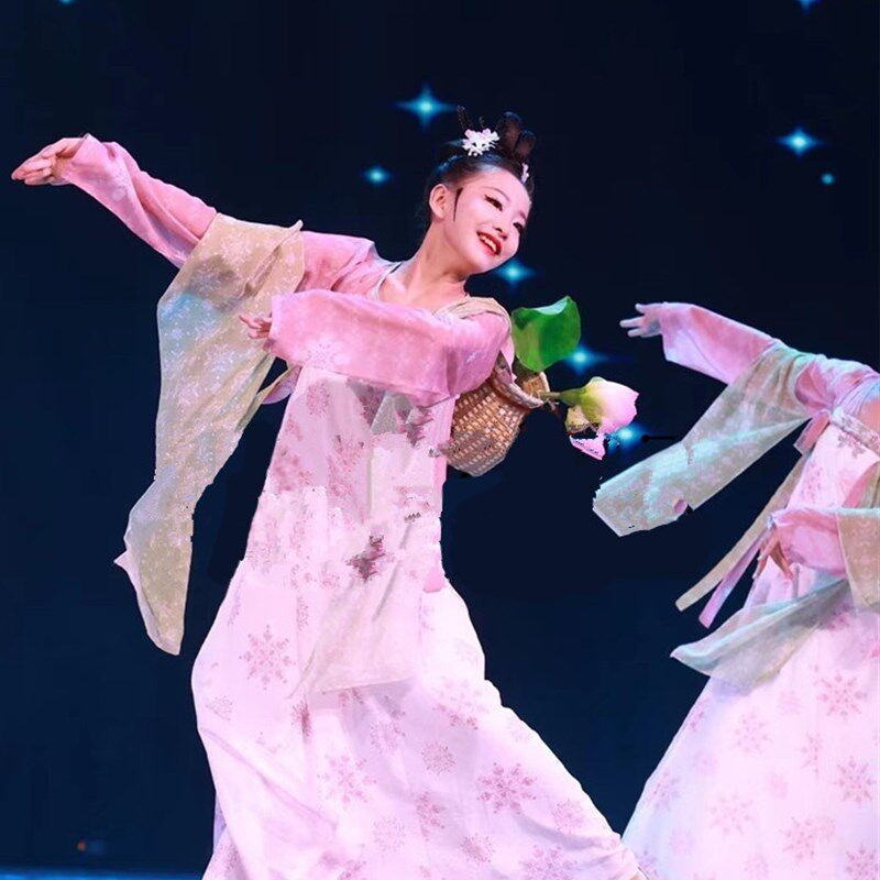 古典舞蹈服汉唐胭脂妆舞蹈池上演出服少儿中国风春三月汉服表演服